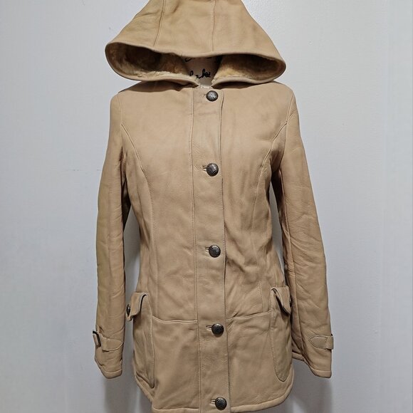 New Merino Sheepskin Shearling Lamb Fur Coat Jacket Hooded Taupe Tan Beige - Picture 1 of 8
